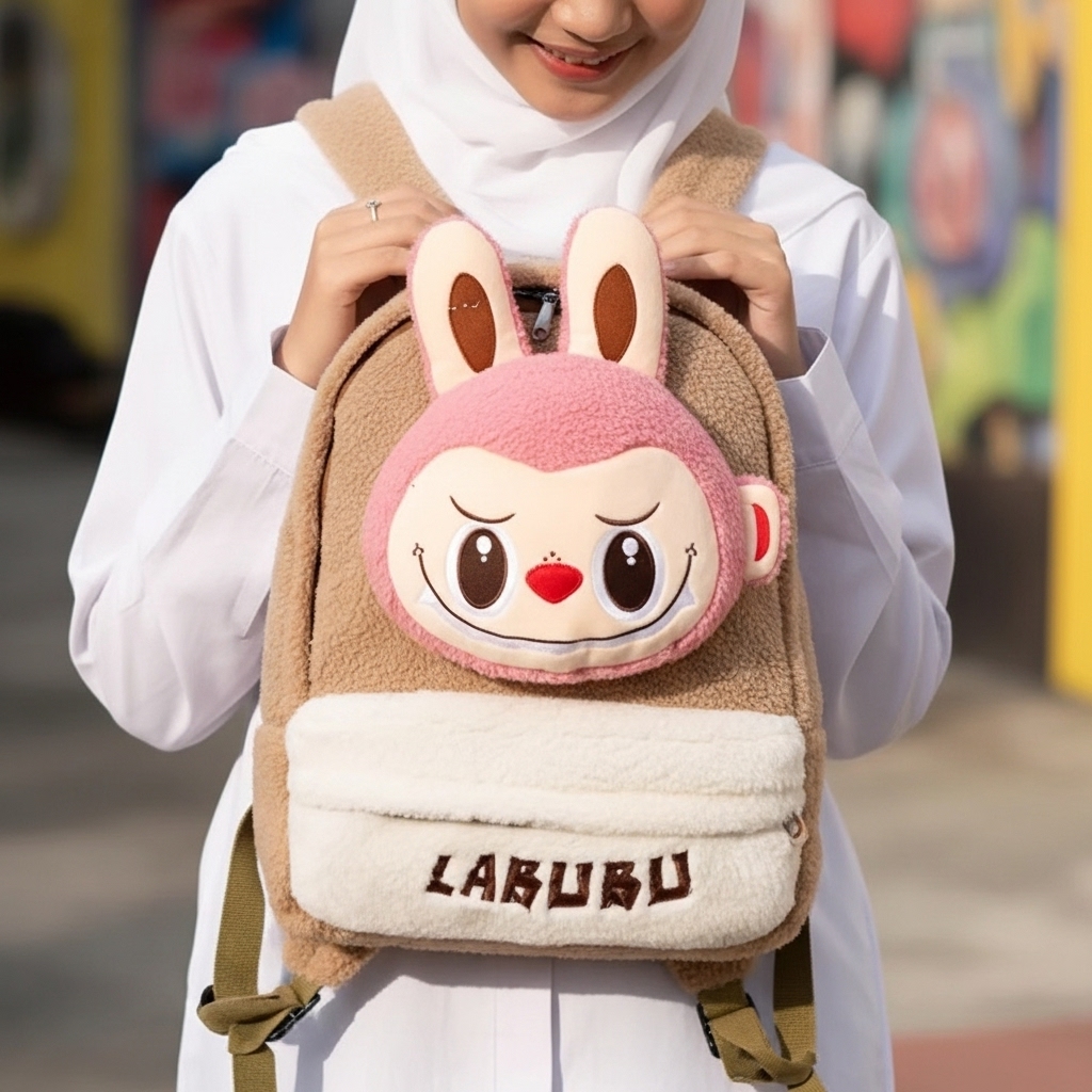 شنطة لابوبو فرو تركي ترندي بتصميم 3D — لونان بيج×وردي وبيج×بني — جيب أمامي بسحاب وأذنين بارزتين