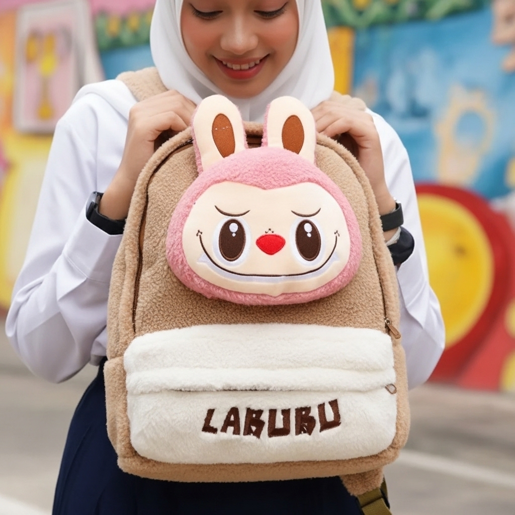 شنطة لابوبو فرو تركي ترندي بتصميم 3D — لونان بيج×وردي وبيج×بني — جيب أمامي بسحاب وأذنين بارزتين