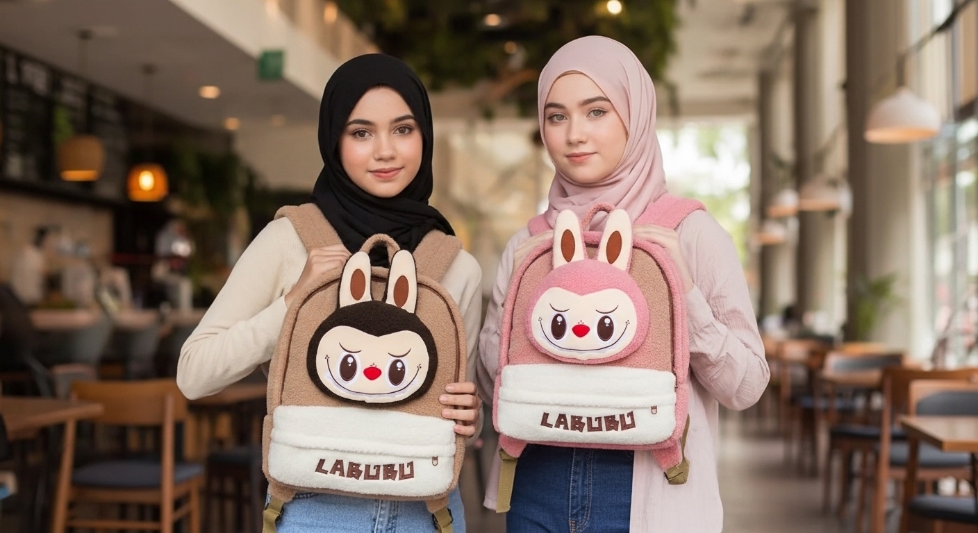 شنطة لابوبو فرو تركي ترندي بتصميم 3D لونان بيج×وردي وبيج×بني — جيب أمامي بسحاب وأذنين بارزتين