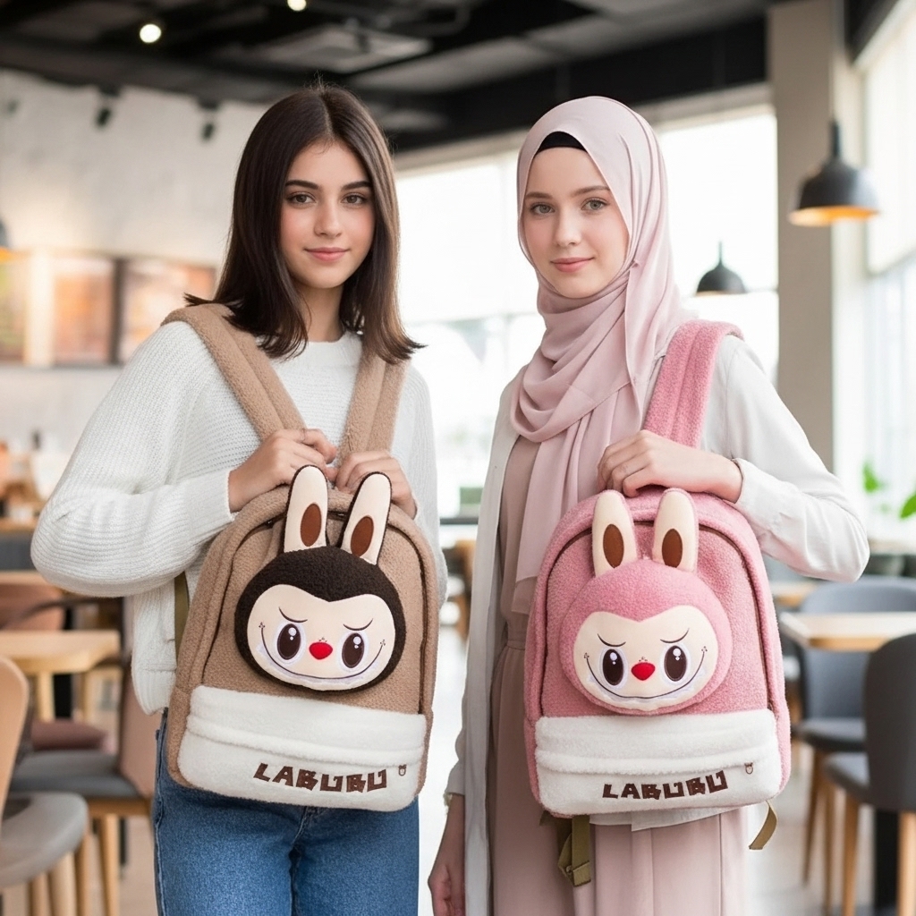 شنطة لابوبو فرو تركي ترندي بتصميم 3D — لونان بيج×وردي وبيج×بني — جيب أمامي بسحاب وأذنين بارزتين