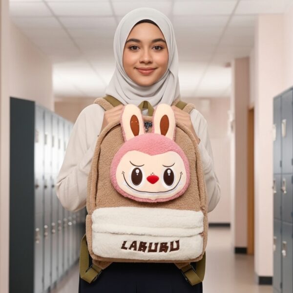 شنطة لابوبو فرو تركي ترندي بتصميم 3D — لونان بيج×وردي وبيج×بني — جيب أمامي بسحاب وأذنين بارزتين