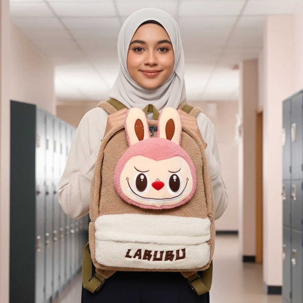 شنطة لابوبو فرو تركي ترندي بتصميم 3D — لونان بيج×وردي وبيج×بني — جيب أمامي بسحاب وأذنين بارزتين