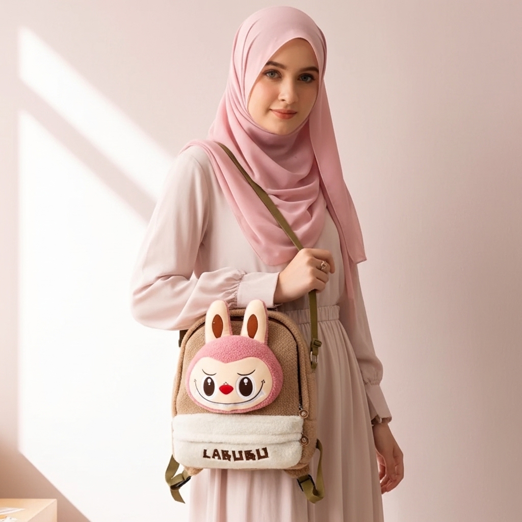 شنطة لابوبو فرو تركي ترندي بتصميم 3D — لونان بيج×وردي وبيج×بني — جيب أمامي بسحاب وأذنين بارزتين